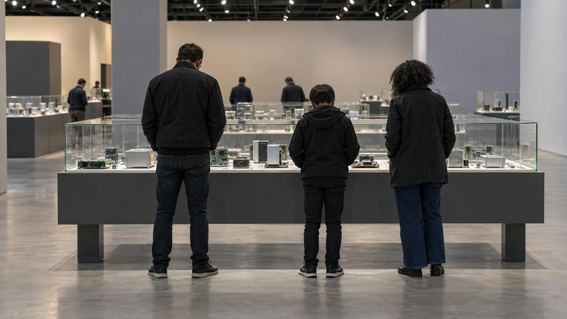 Synthetic editorial illustration. A technology exhibition hall. Visitors seen from behind examine circuit boards and metal heat sinks under glass on a demonstration table, with more display cases across the room.
