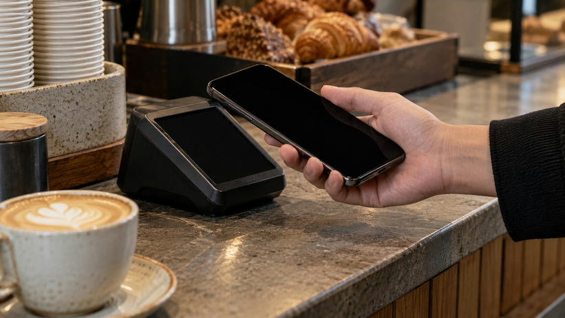 Synthetic editorial illustration. A cafe counter. A cropped hand holds a dark phone beside a plain payment terminal with a black screen, surrounded by a coffee cup, stacked saucers and pastries.