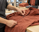 Synthetic editorial illustration. Hands check the zipper of one unbranded technical jacket at a sportswear retail counter.