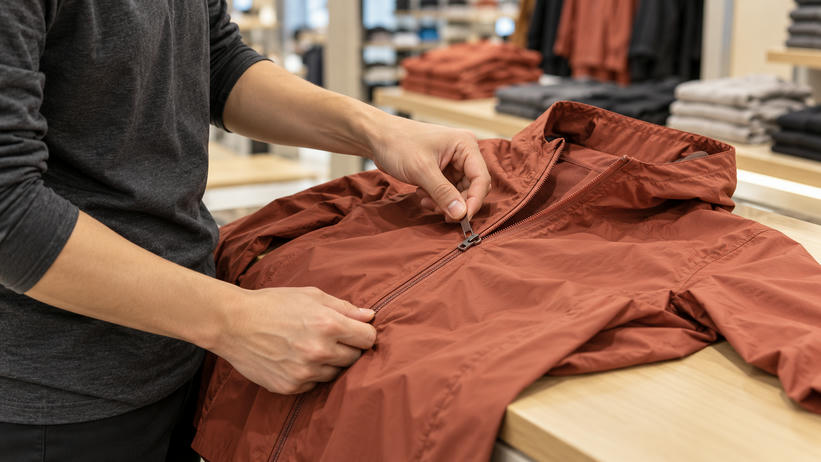 Synthetic editorial illustration. Hands check the zipper of one unbranded technical jacket at a sportswear retail counter.