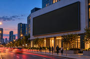 Synthetic editorial illustration. A huge blank dark billboard covers part of a city building at dusk. Small pedestrians walk away along the pavement while motion-blurred traffic leaves red light trails beneath warm street lamps.