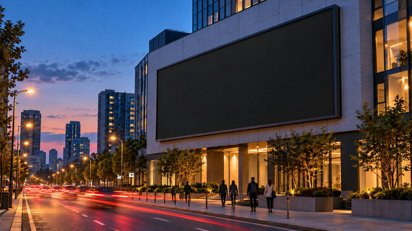 Synthetic editorial illustration. A huge blank dark billboard covers part of a city building at dusk. Small pedestrians walk away along the pavement while motion-blurred traffic leaves red light trails beneath warm street lamps.