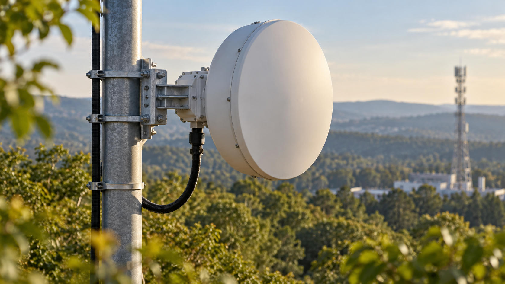 Synthetic editorial illustration. One plain telecommunications microwave dish is supported on a mast with a mounted bracket and routed cable.