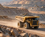 Synthetic editorial illustration. A loaded haul truck drives on a broad terraced mine road with a small dust trail.