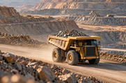 Synthetic editorial illustration. A loaded haul truck drives on a broad terraced mine road with a small dust trail.