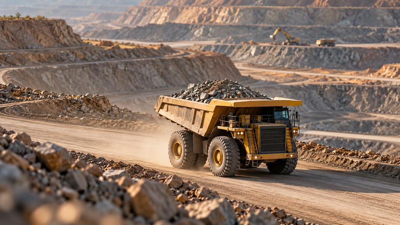 Synthetic editorial illustration. A loaded haul truck drives on a broad terraced mine road with a small dust trail.