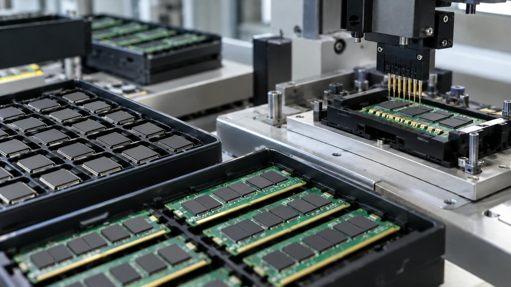 Synthetic editorial illustration. Generic packaged integrated circuits and memory boards in anti-static trays beside an electrical test fixture. Chip assembly/packaging and testing, not wafer fabrication or laptop assembly. No actual named company, product, site, person or event is depicted.