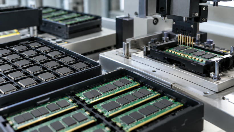 Synthetic editorial illustration. Generic packaged integrated circuits and memory boards in anti-static trays beside an electrical test fixture. Chip assembly/packaging and testing, not wafer fabrication or laptop assembly. No actual named company, product, site, person or event is depicted.