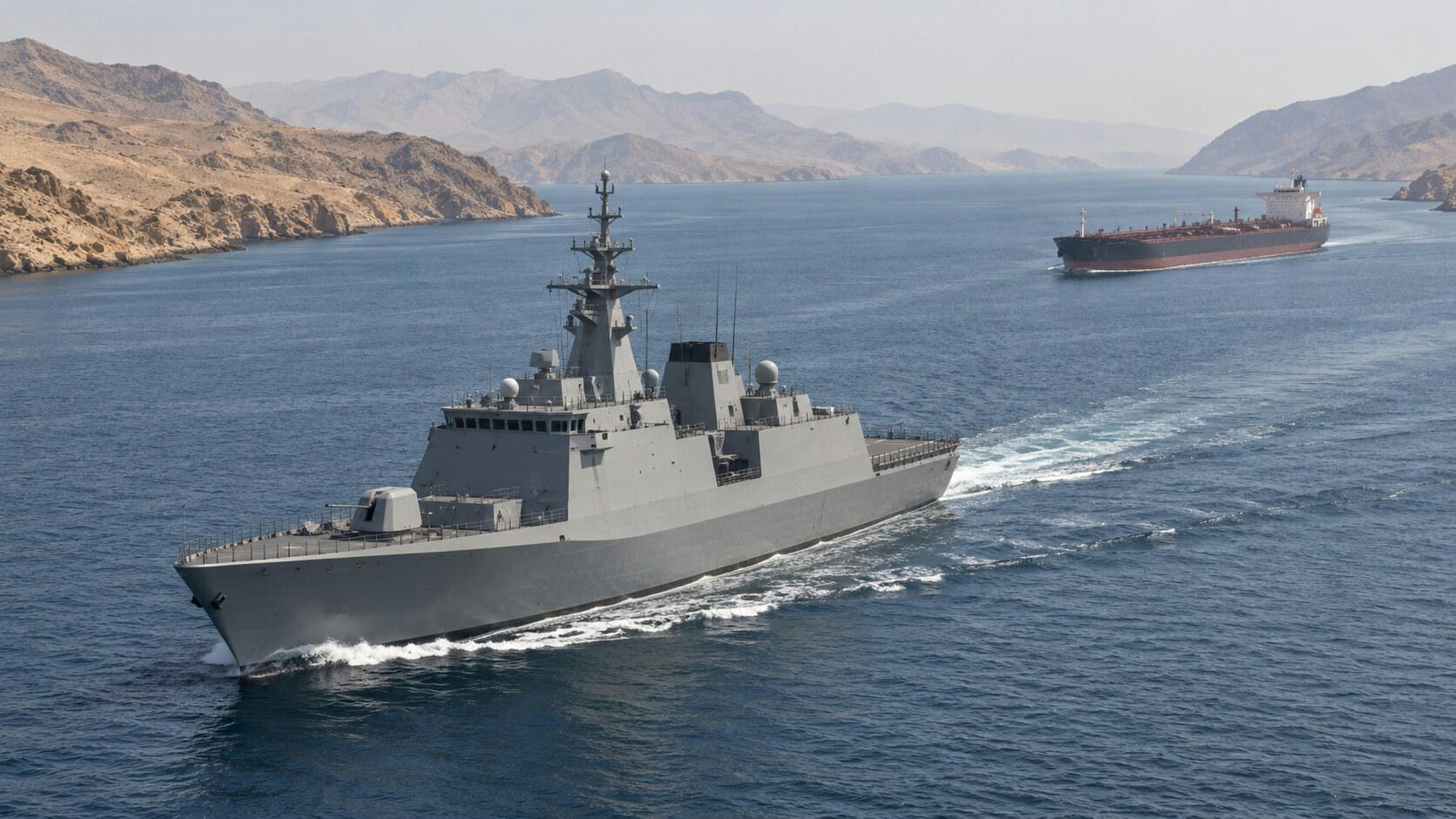 Synthetic editorial illustration. An unmarked grey naval ship moves through blue water with a white wake. A distant tanker follows between hazy, dry rocky shores.