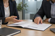 Synthetic editorial illustration. Two cropped adults discuss one populated dossier across a small round meeting table.