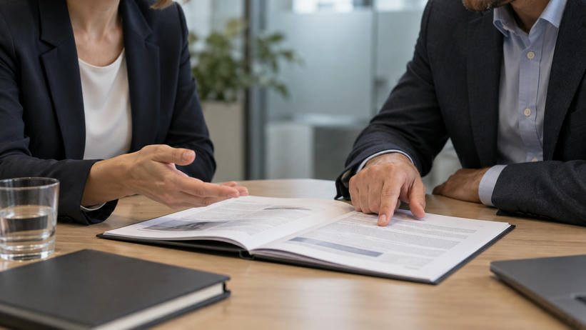 Synthetic editorial illustration. Two cropped adults discuss one populated dossier across a small round meeting table.