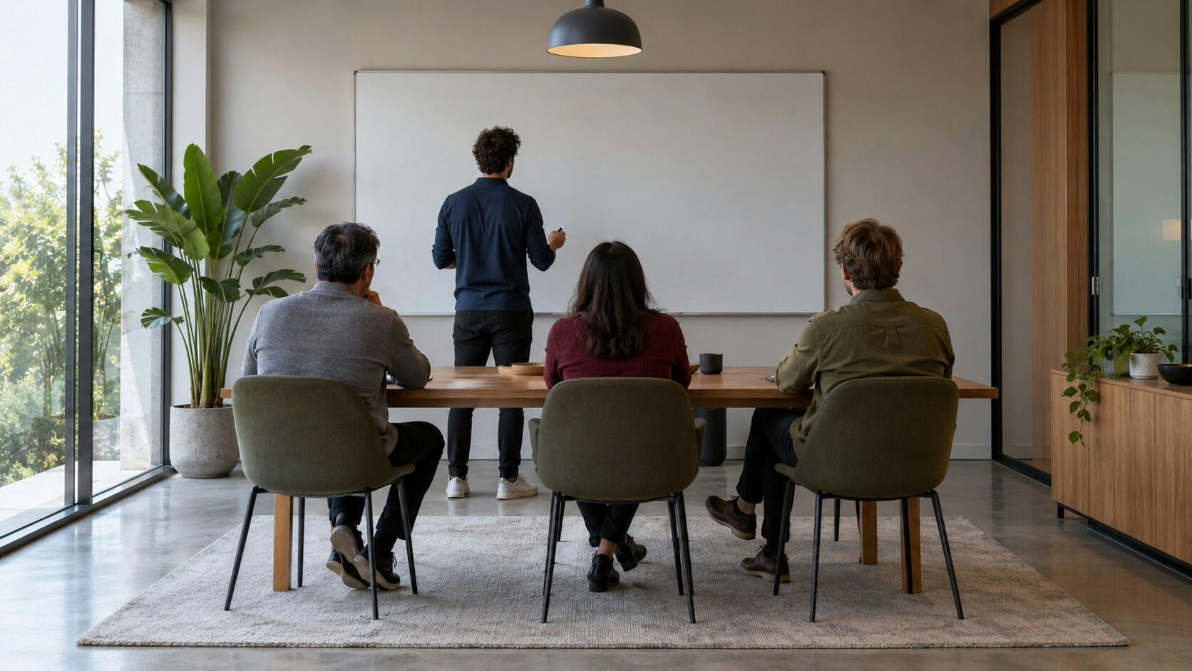 Synthetic editorial illustration. A small meeting room contains a table facing a blank whiteboard. A rear-facing standing presenter gestures toward the board while three rear-facing seated people watch in daylight.