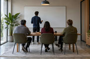 Synthetic editorial illustration. A small meeting room contains a table facing a blank whiteboard. A rear-facing standing presenter gestures toward the board while three rear-facing seated people watch in daylight.