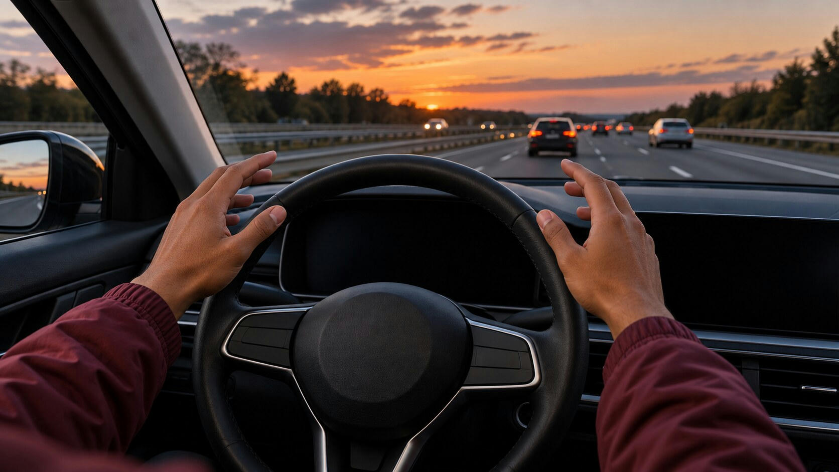 Synthetic editorial illustration. Two hands in burgundy sleeves are held open just above a plain steering wheel. Dashboard screens are completely dark while motorway traffic extends ahead beneath a warm dusk sky.