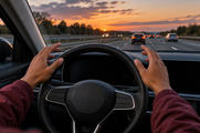 Synthetic editorial illustration. Two hands in burgundy sleeves are held open just above a plain steering wheel. Dashboard screens are completely dark while motorway traffic extends ahead beneath a warm dusk sky.