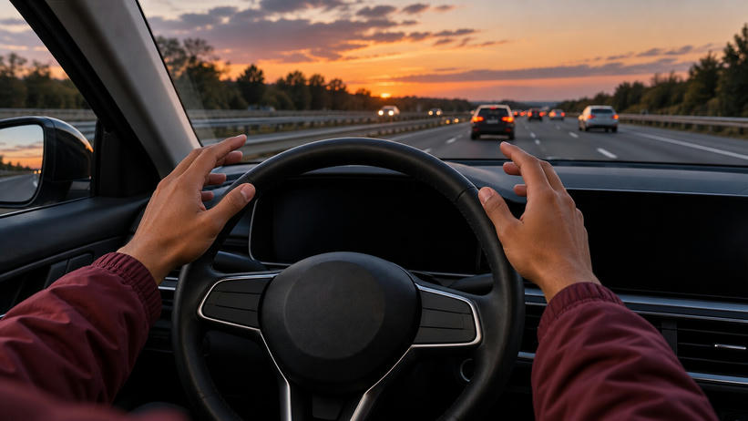 Synthetic editorial illustration. Two hands in burgundy sleeves are held open just above a plain steering wheel. Dashboard screens are completely dark while motorway traffic extends ahead beneath a warm dusk sky.