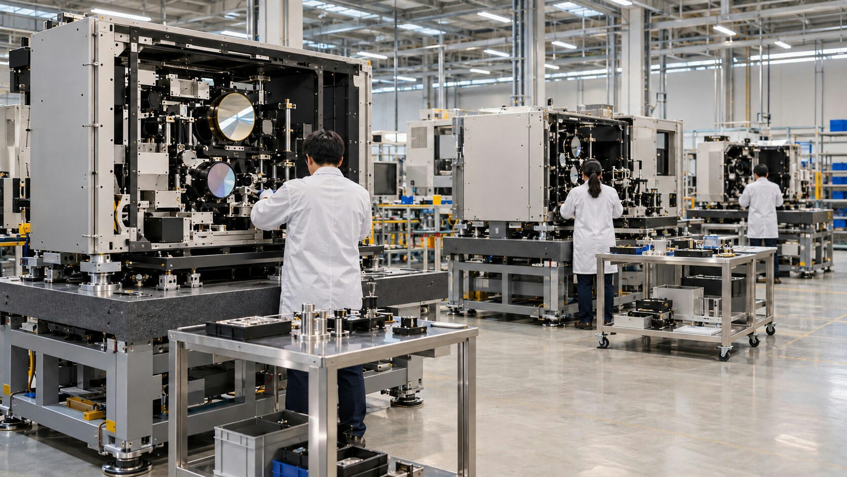 Synthetic editorial illustration. Three technicians viewed from behind work on large open precision-equipment modules with mounted mirrors. Metal stands, component trolleys and plain blue storage bins fill a brightly lit assembly hall.