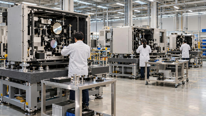 Synthetic editorial illustration. Three technicians viewed from behind work on large open precision-equipment modules with mounted mirrors. Metal stands, component trolleys and plain blue storage bins fill a brightly lit assembly hall.