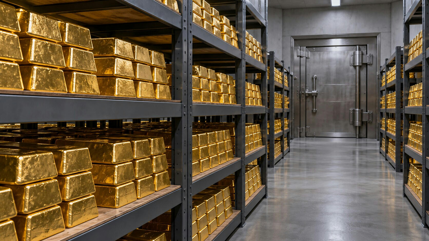 Synthetic editorial illustration. Rows of plain gold-coloured bars fill heavy metal shelves on both sides of a vault aisle. Cool overhead light reveals cast-metal textures and a thick steel door at the far end.