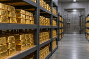 Synthetic editorial illustration. Rows of plain gold-coloured bars fill heavy metal shelves on both sides of a vault aisle. Cool overhead light reveals cast-metal textures and a thick steel door at the far end.