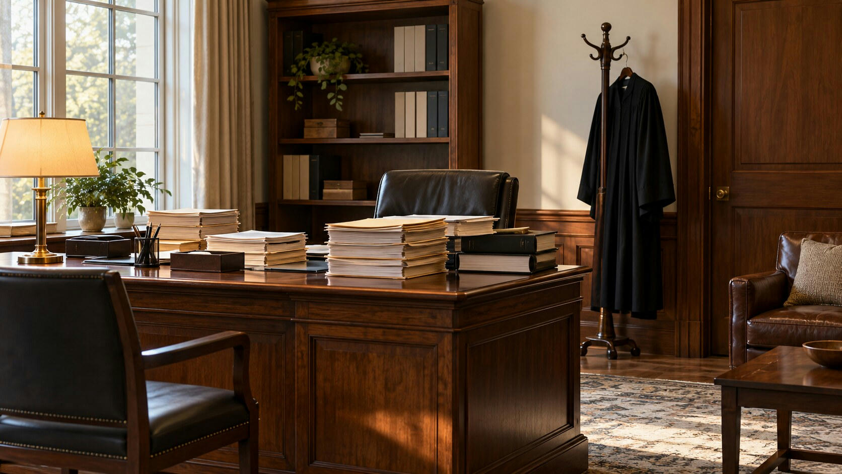 Synthetic editorial illustration. A private judicial office. Stacks of plain case files cover a wooden desk beside a lit lamp, while a black robe hangs from a coat stand near shelving and leather seating.
