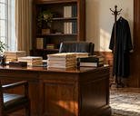 Synthetic editorial illustration. A private judicial office. Stacks of plain case files cover a wooden desk beside a lit lamp, while a black robe hangs from a coat stand near shelving and leather seating.