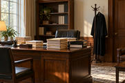 Synthetic editorial illustration. A private judicial office. Stacks of plain case files cover a wooden desk beside a lit lamp, while a black robe hangs from a coat stand near shelving and leather seating.