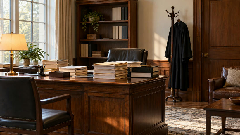 Synthetic editorial illustration. A private judicial office. Stacks of plain case files cover a wooden desk beside a lit lamp, while a black robe hangs from a coat stand near shelving and leather seating.