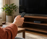 Synthetic editorial illustration. An older freckled hand holds a plain remote toward a small dark set-top box below a completely dark television. A rust-coloured sleeve, wooden furniture and a plant frame the softly daylit living room.