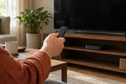 Synthetic editorial illustration. An older freckled hand holds a plain remote toward a small dark set-top box below a completely dark television. A rust-coloured sleeve, wooden furniture and a plant frame the softly daylit living room.