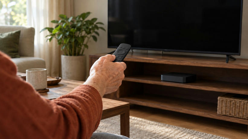 Synthetic editorial illustration. An older freckled hand holds a plain remote toward a small dark set-top box below a completely dark television. A rust-coloured sleeve, wooden furniture and a plant frame the softly daylit living room.