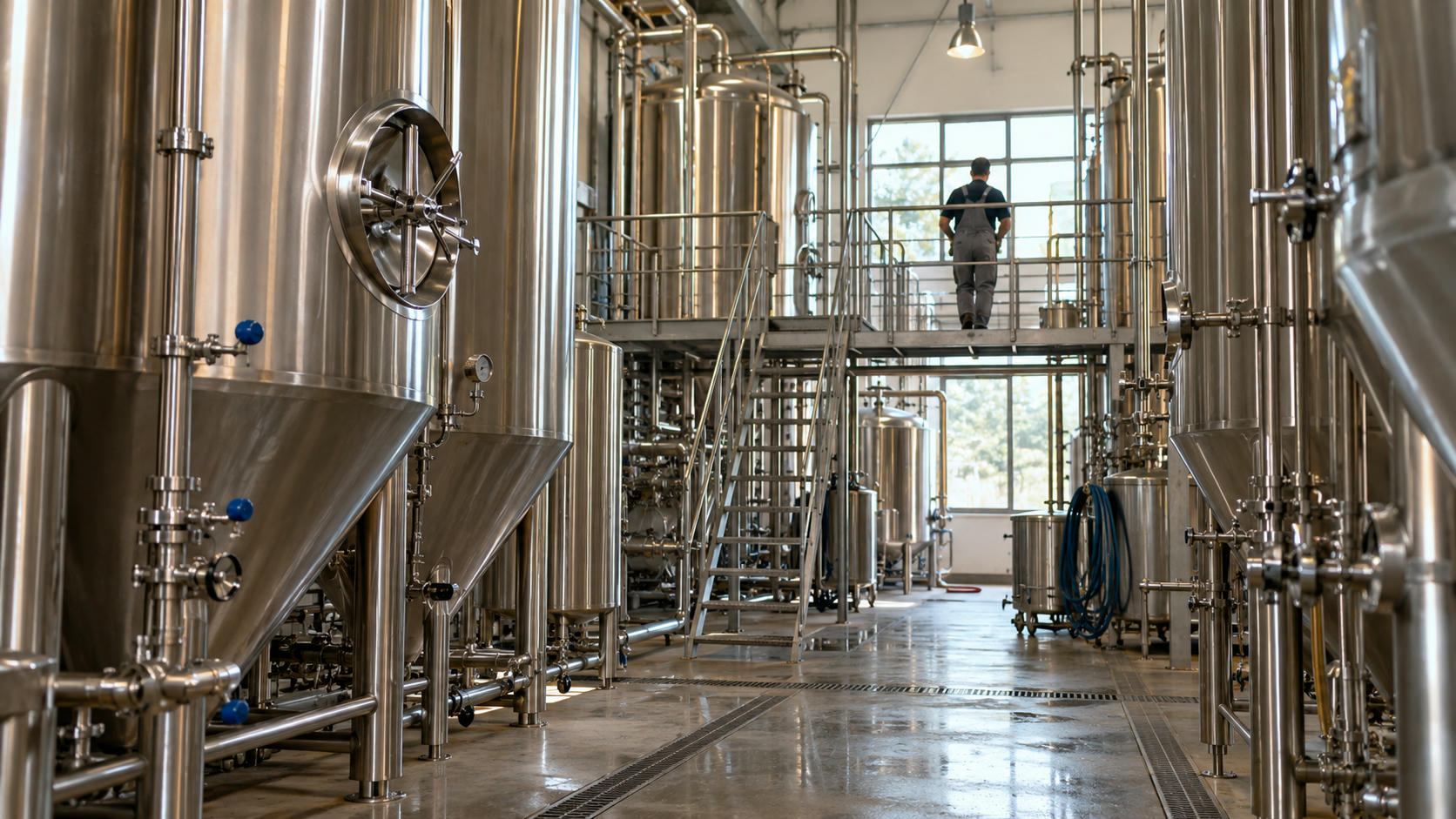 Synthetic editorial illustration. Stainless fermentation tanks and hygienic pipework in an anonymous brewery, with a distant worker seen from behind.