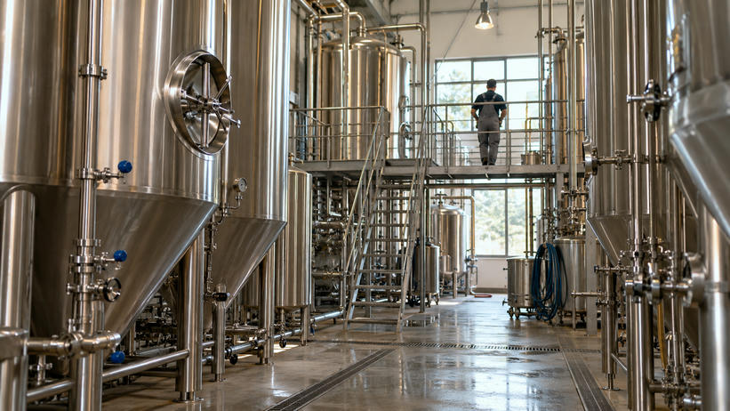 Synthetic editorial illustration. Stainless fermentation tanks and hygienic pipework in an anonymous brewery, with a distant worker seen from behind.