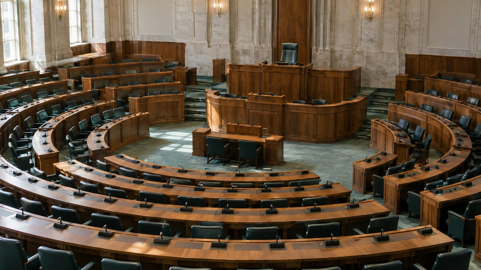 Synthetic editorial illustration. A parliamentary chamber contains curved wooden benches and green upholstered chairs. Desk microphones face a raised speaker's chair, with soft daylight falling across the empty seating.