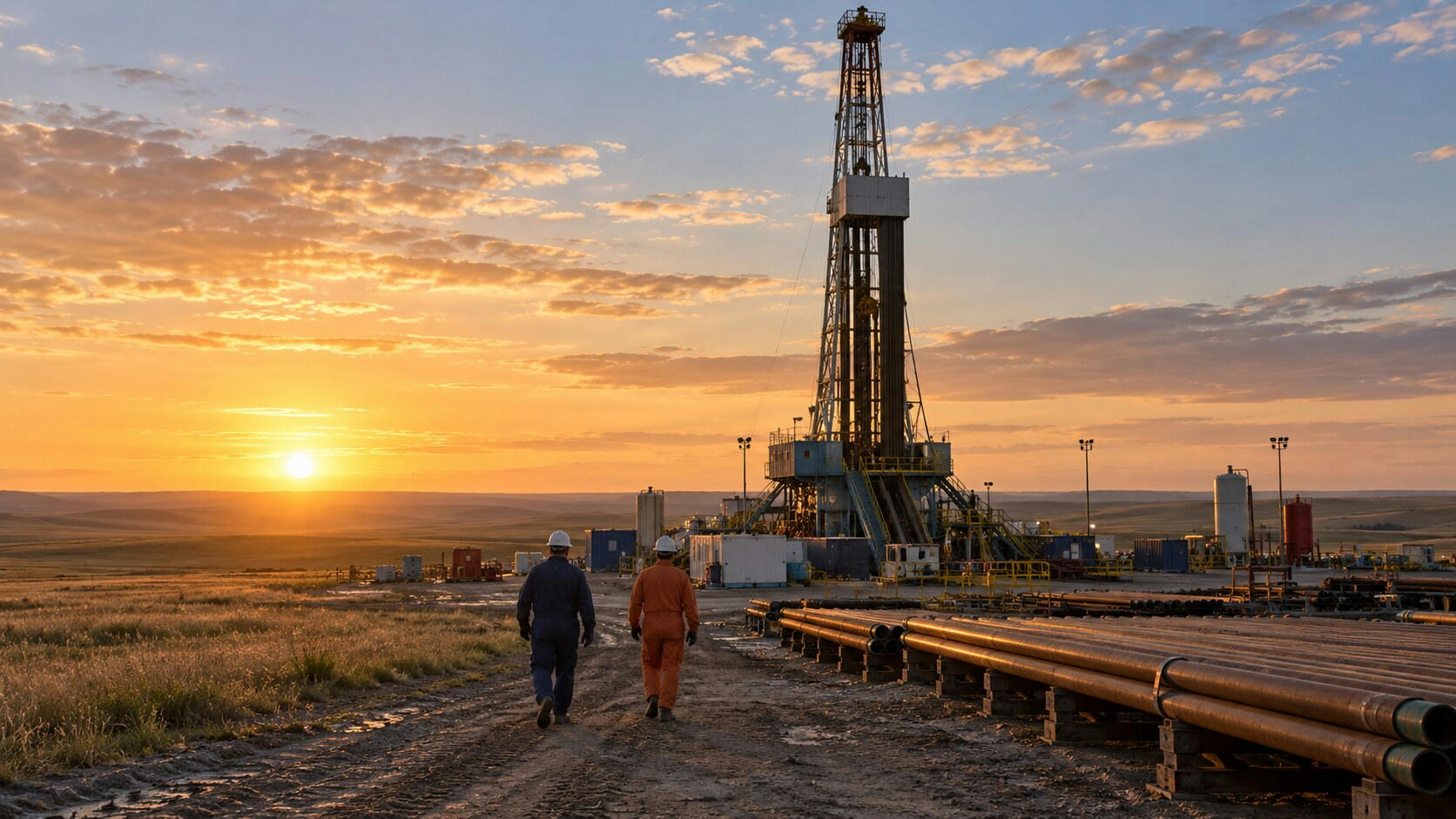 Synthetic editorial illustration. A prairie drilling site. Two workers in coveralls seen from behind walk toward a tall steel rig beside long pipe racks as low sunrise light crosses the grassland.