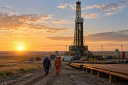 Synthetic editorial illustration. A prairie drilling site. Two workers in coveralls seen from behind walk toward a tall steel rig beside long pipe racks as low sunrise light crosses the grassland.