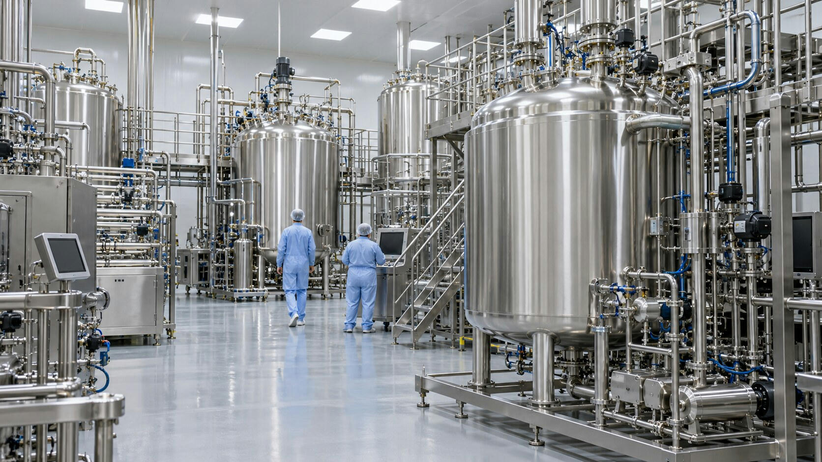 Synthetic editorial illustration. A biologics production hall. Two operators in pale-blue gowns seen from behind stand among tall stainless vessels, dense pipework, processing skids and dark control screens.