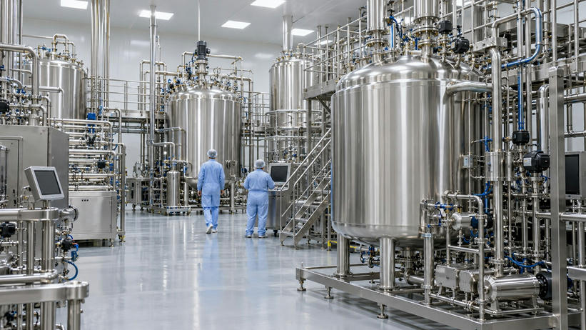 Synthetic editorial illustration. A biologics production hall. Two operators in pale-blue gowns seen from behind stand among tall stainless vessels, dense pipework, processing skids and dark control screens.