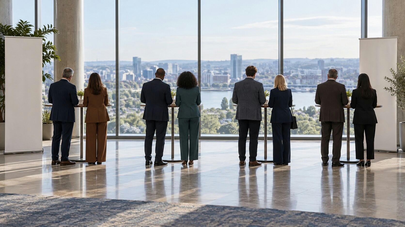 Synthetic editorial illustration. A conference foyer. Attendees seen from behind stand in pairs at tall coffee tables facing broad windows, with plain blank banners at either side.