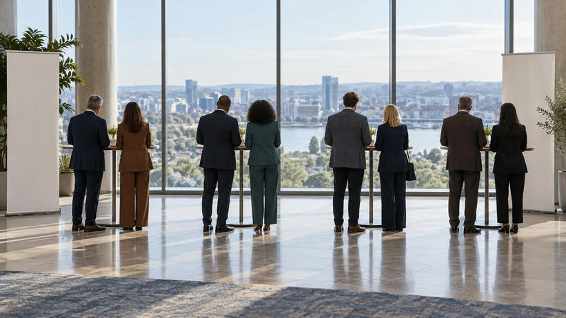 Synthetic editorial illustration. A conference foyer. Attendees seen from behind stand in pairs at tall coffee tables facing broad windows, with plain blank banners at either side.