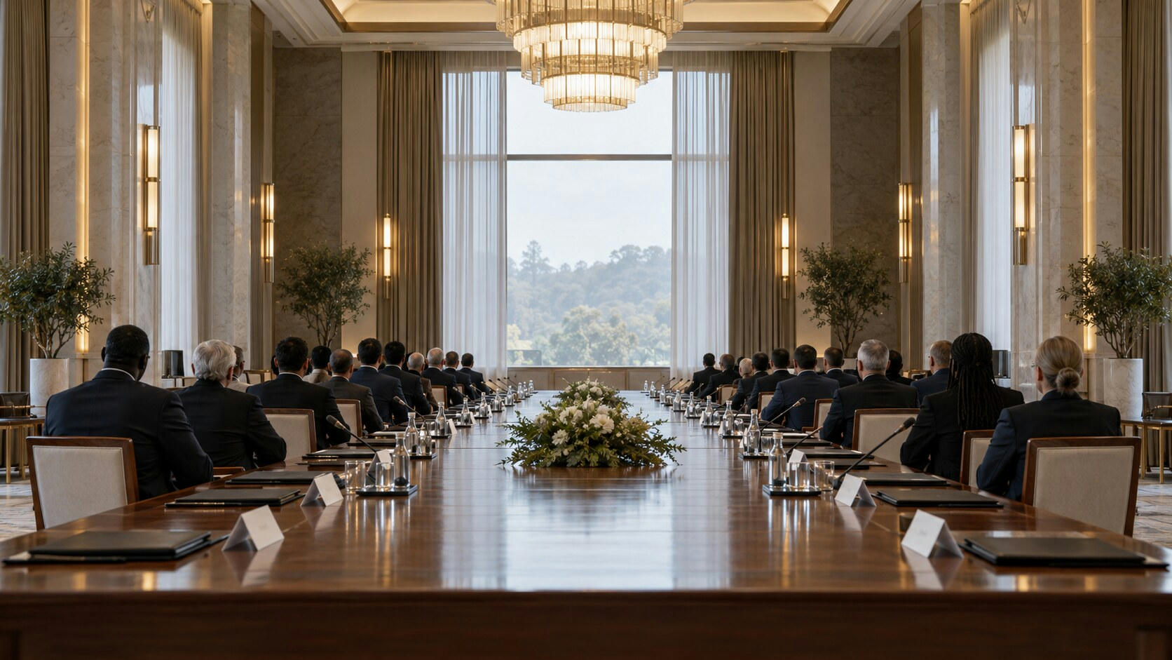 Synthetic editorial illustration. A formal meeting hall. Rear-facing delegations sit along both sides of a long wooden table set with plain folders, small name cards and water glasses, beneath chandeliers and tall curtained windows.