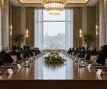 Synthetic editorial illustration. A formal meeting hall. Rear-facing delegations sit along both sides of a long wooden table set with plain folders, small name cards and water glasses, beneath chandeliers and tall curtained windows.