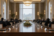 Synthetic editorial illustration. A formal meeting hall. Rear-facing delegations sit along both sides of a long wooden table set with plain folders, small name cards and water glasses, beneath chandeliers and tall curtained windows.