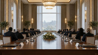 Synthetic editorial illustration. A formal meeting hall. Rear-facing delegations sit along both sides of a long wooden table set with plain folders, small name cards and water glasses, beneath chandeliers and tall curtained windows.