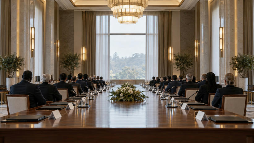 Synthetic editorial illustration. A formal meeting hall. Rear-facing delegations sit along both sides of a long wooden table set with plain folders, small name cards and water glasses, beneath chandeliers and tall curtained windows.
