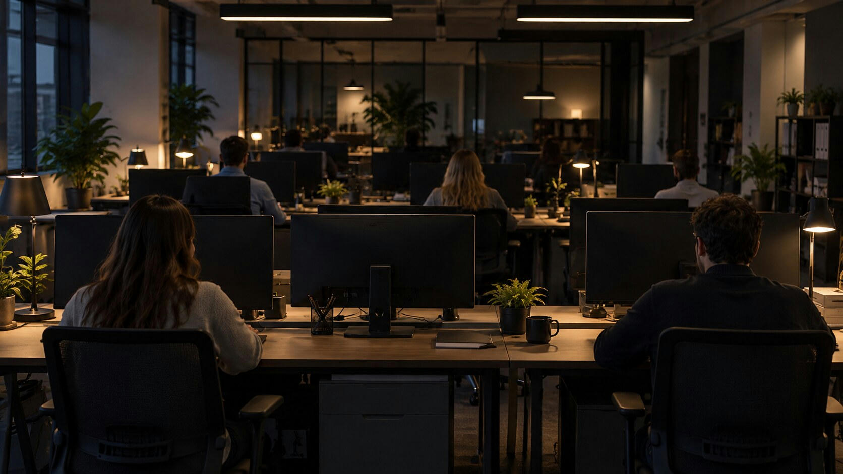 Synthetic editorial illustration. Rows of people viewed from behind sit at desks in a dim office. Plain dark monitor backs, warm task lamps, mugs and small plants fill the workspace beneath low ceiling lights.