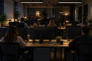 Synthetic editorial illustration. Rows of people viewed from behind sit at desks in a dim office. Plain dark monitor backs, warm task lamps, mugs and small plants fill the workspace beneath low ceiling lights.