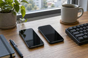 Synthetic editorial illustration. A window-side office desk. Two phones with dark screens lie side by side near a blank-key keyboard, coffee mug, notebook and plant on a wooden surface.