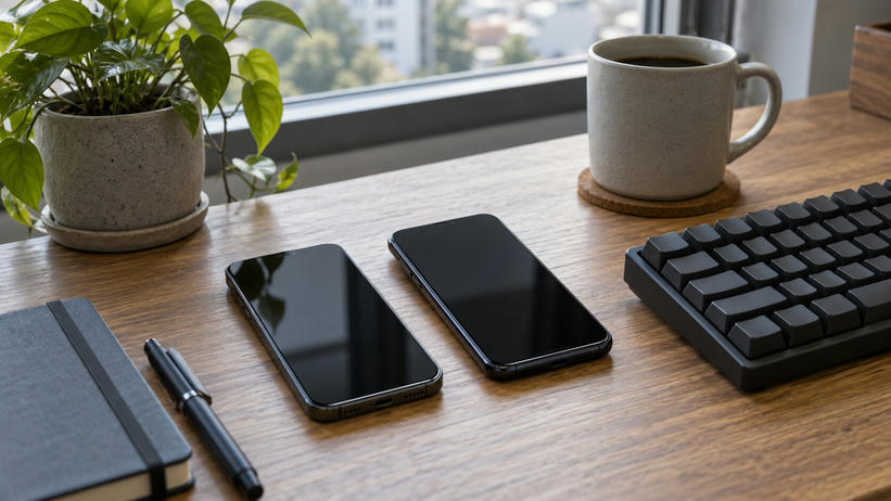 Synthetic editorial illustration. A window-side office desk. Two phones with dark screens lie side by side near a blank-key keyboard, coffee mug, notebook and plant on a wooden surface.