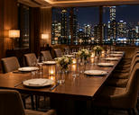 Synthetic editorial illustration. A private dining room at night. A long table is set with plain plates, glasses, folded napkins and small floral arrangements, with warm lamps and distant city lights beyond the windows.